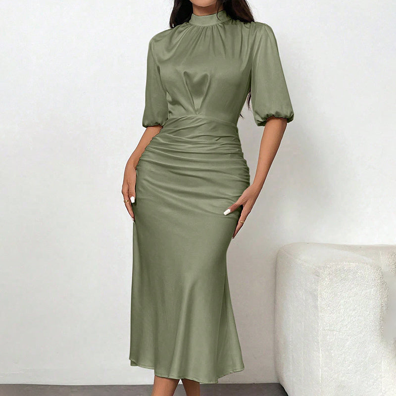 Women's Short Sleeve Mock Neck Ruched Midi Dress Slim Fit Elegant Party Dress-FREE USA SHIPPING