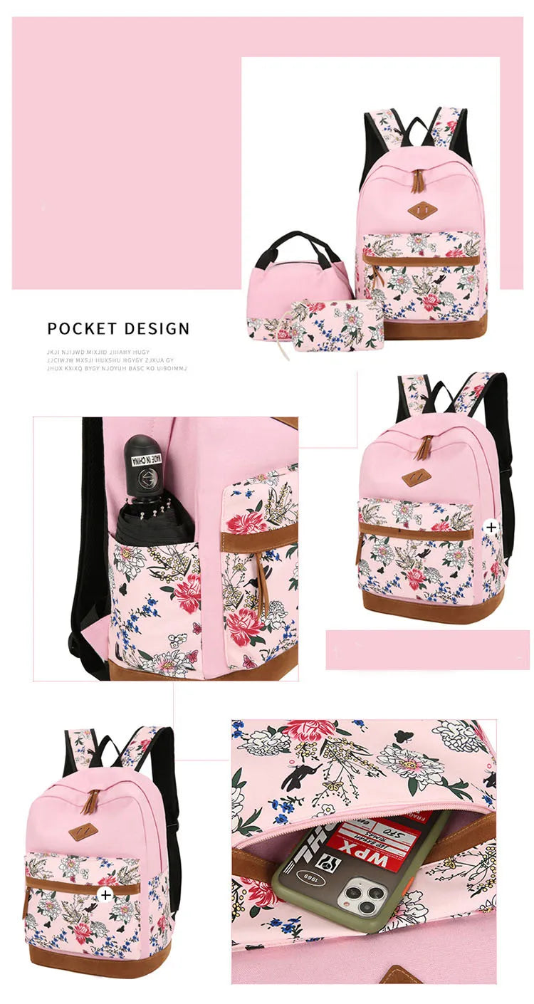 Floral Bags 3pcs Schoolbag Backpack Lunch Bag And Wallets