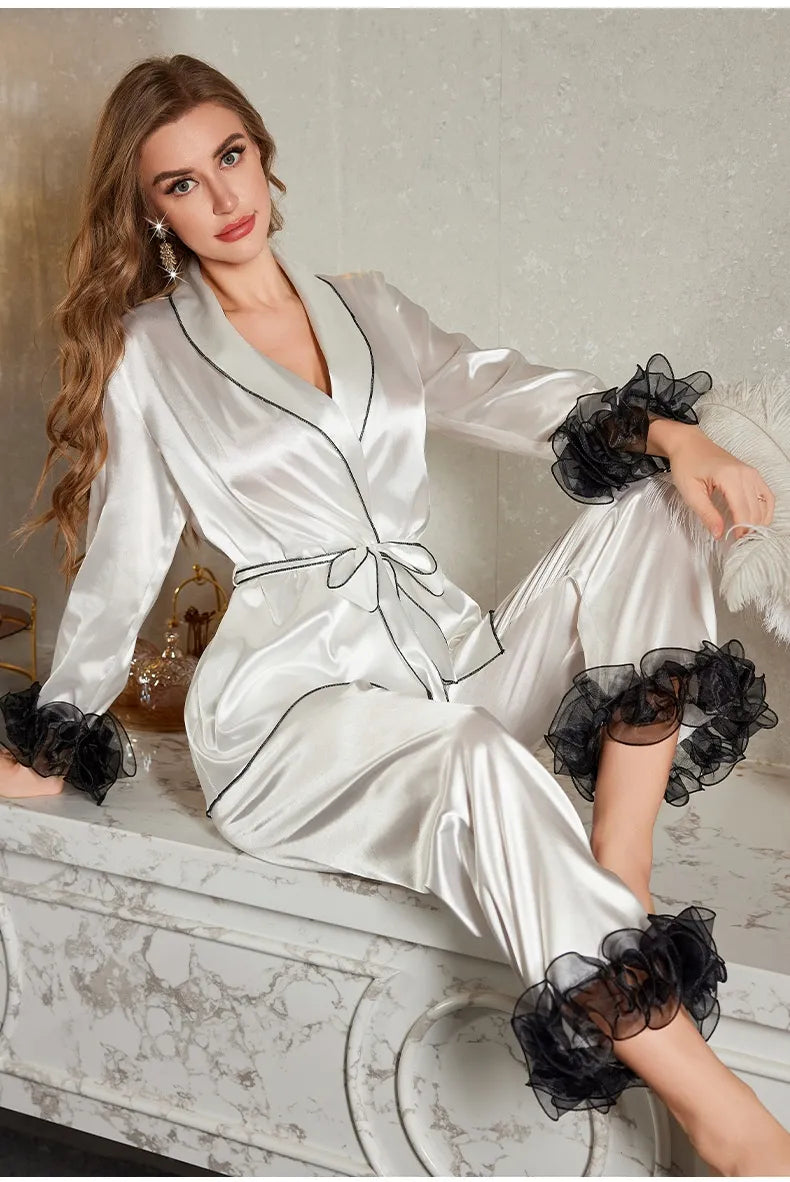 Elegant Women's Ice Silk Pajamas Set with Lace – Long Sleeve & Pants Sleepwear