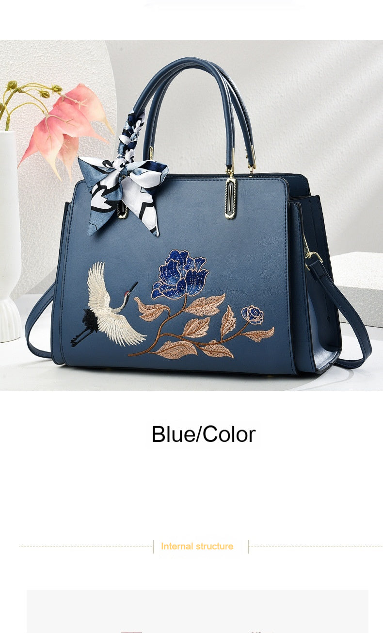 Womens New Chinese-Style National-Flair Embroidered Crane Fashion Crossbody Tote Bag