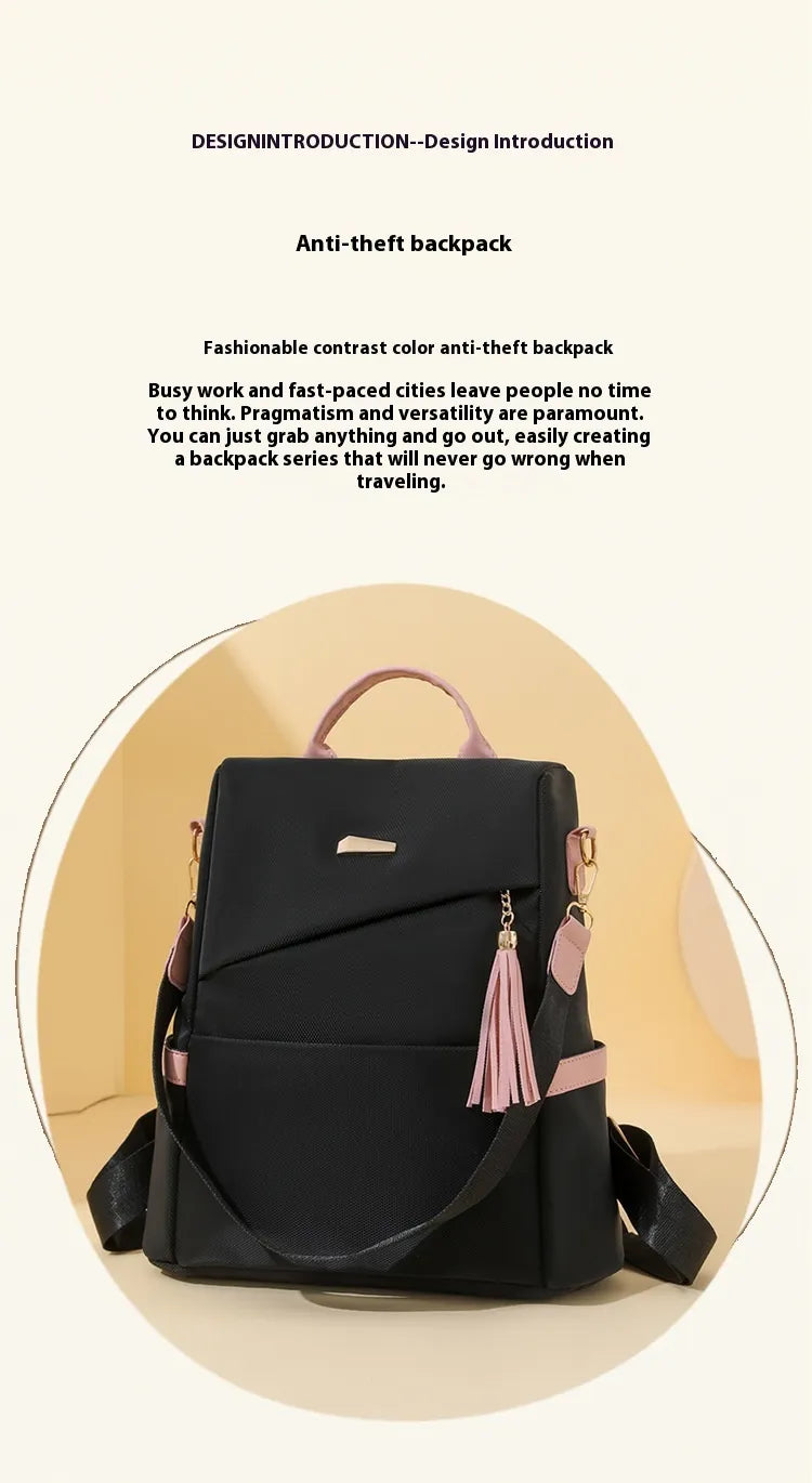 Oxford Cloth Stitching Women'S Backpack Anti-Theft Back Zipper Girls Schoolbag Casual Travel Double Shoulder Backpack