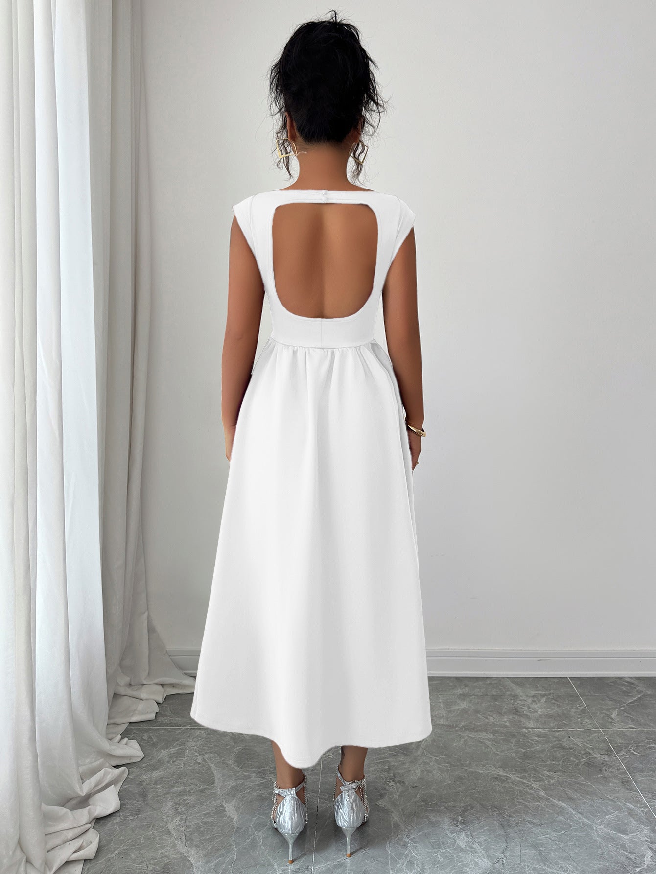 Solid Color Waist Long Skirt Dress Women
