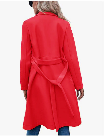 Long Woolen Women's Waist-controlled Lace-up Double Breasted Coat