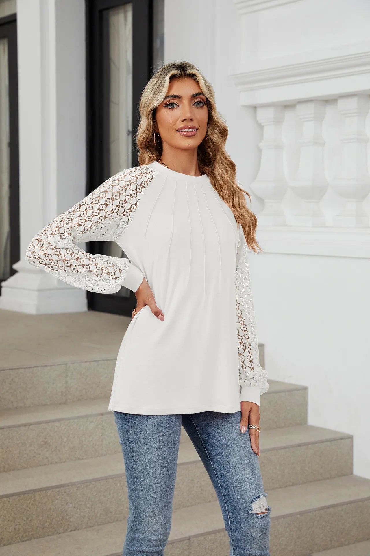 New Lace Long Sleeve Round Neck T-shirt Fashion Loose Solid Color Pullover Top For Womens Clothing