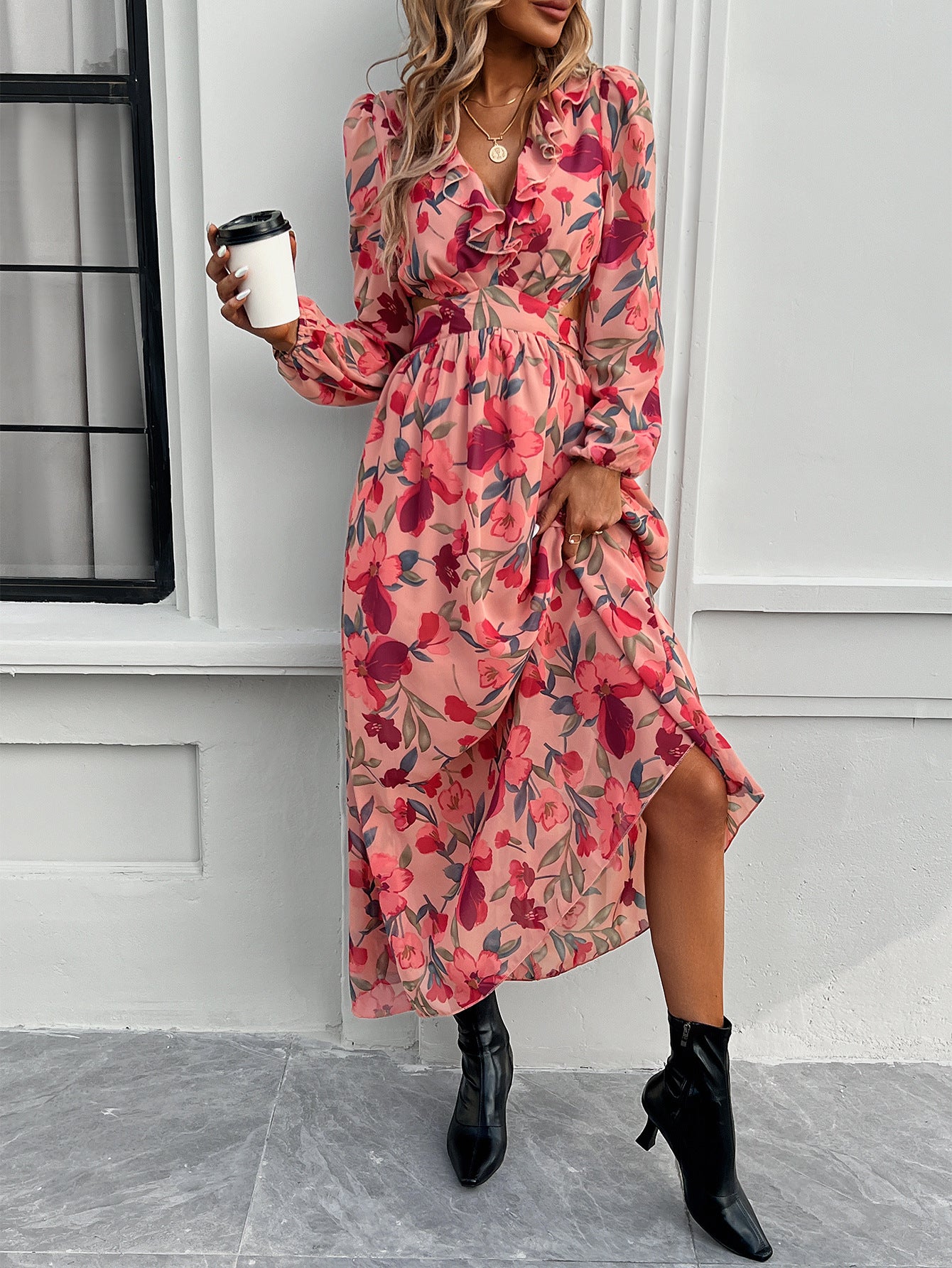 Fashion Florals Print Long Sleeve Dress Casual Holiday Tight-waisted V-neck Dresses Women Clothing