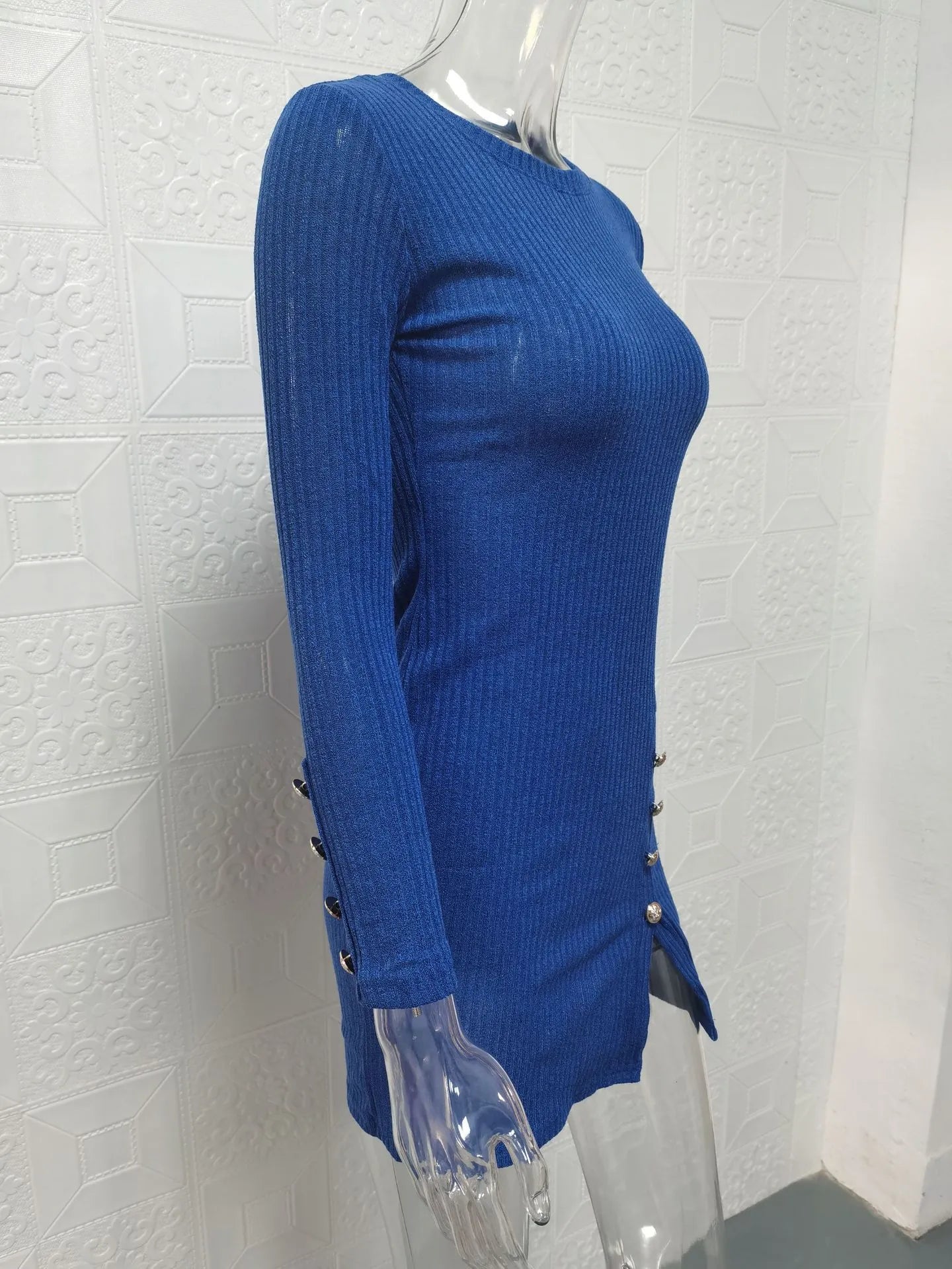 Button Sexy Hip Skirt Long Sleeve Dress