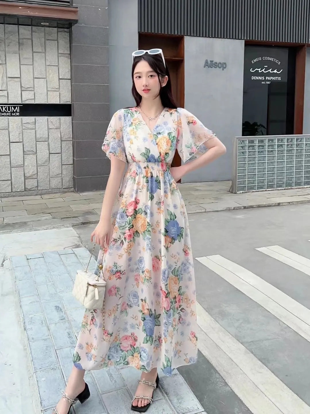 V-neck Mori Style Slim Fairy Floral Dress