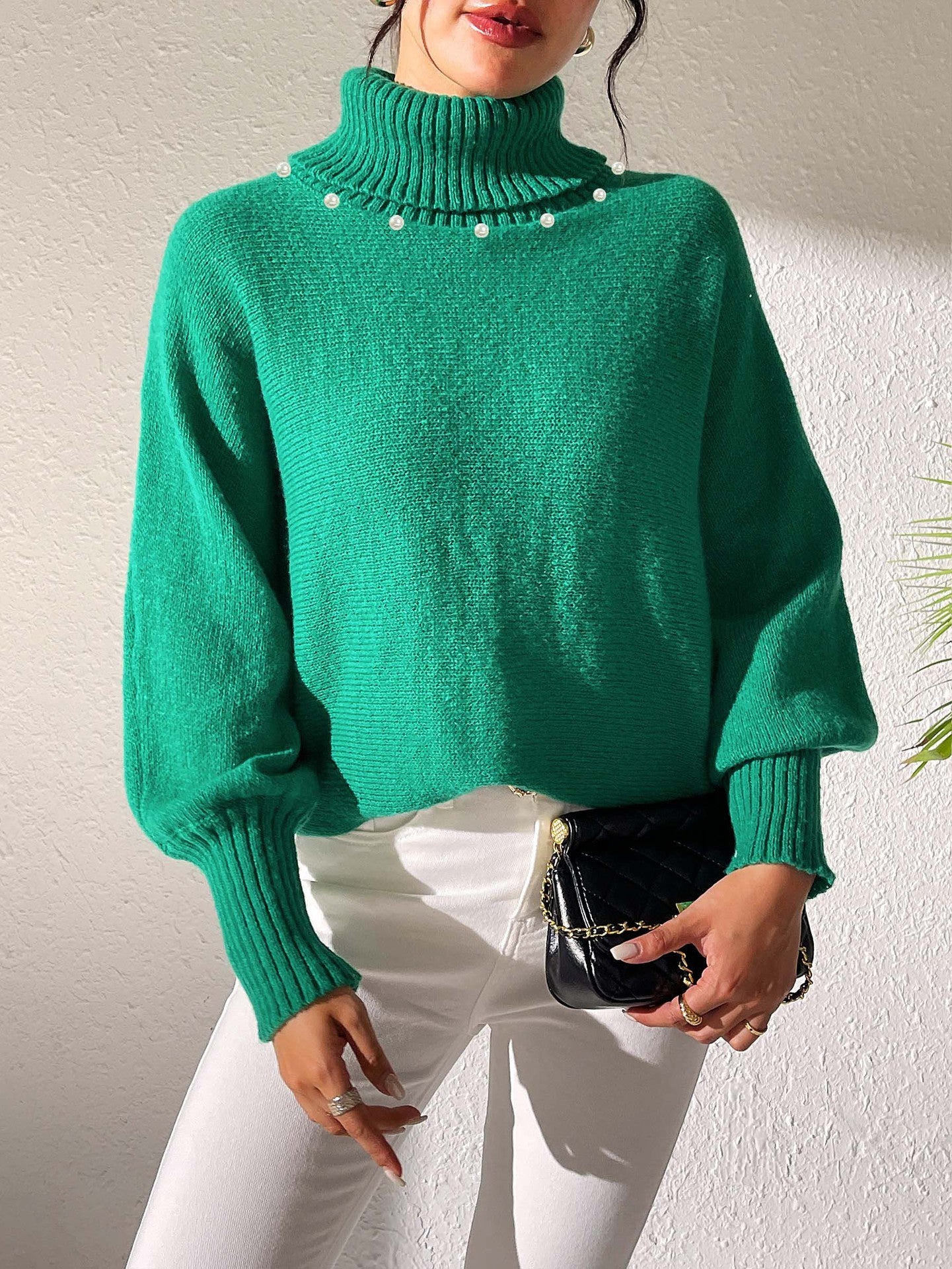 Women's Solid Color Simple Top Pearl Beaded Turtleneck Sweater Women's Base Shirt