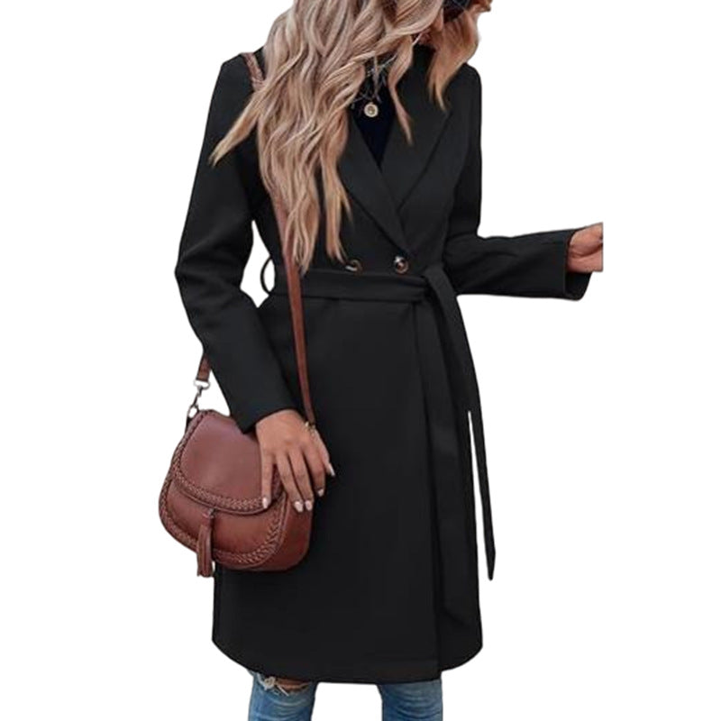 Long Woolen Women's Waist-controlled Lace-up Double Breasted Coat