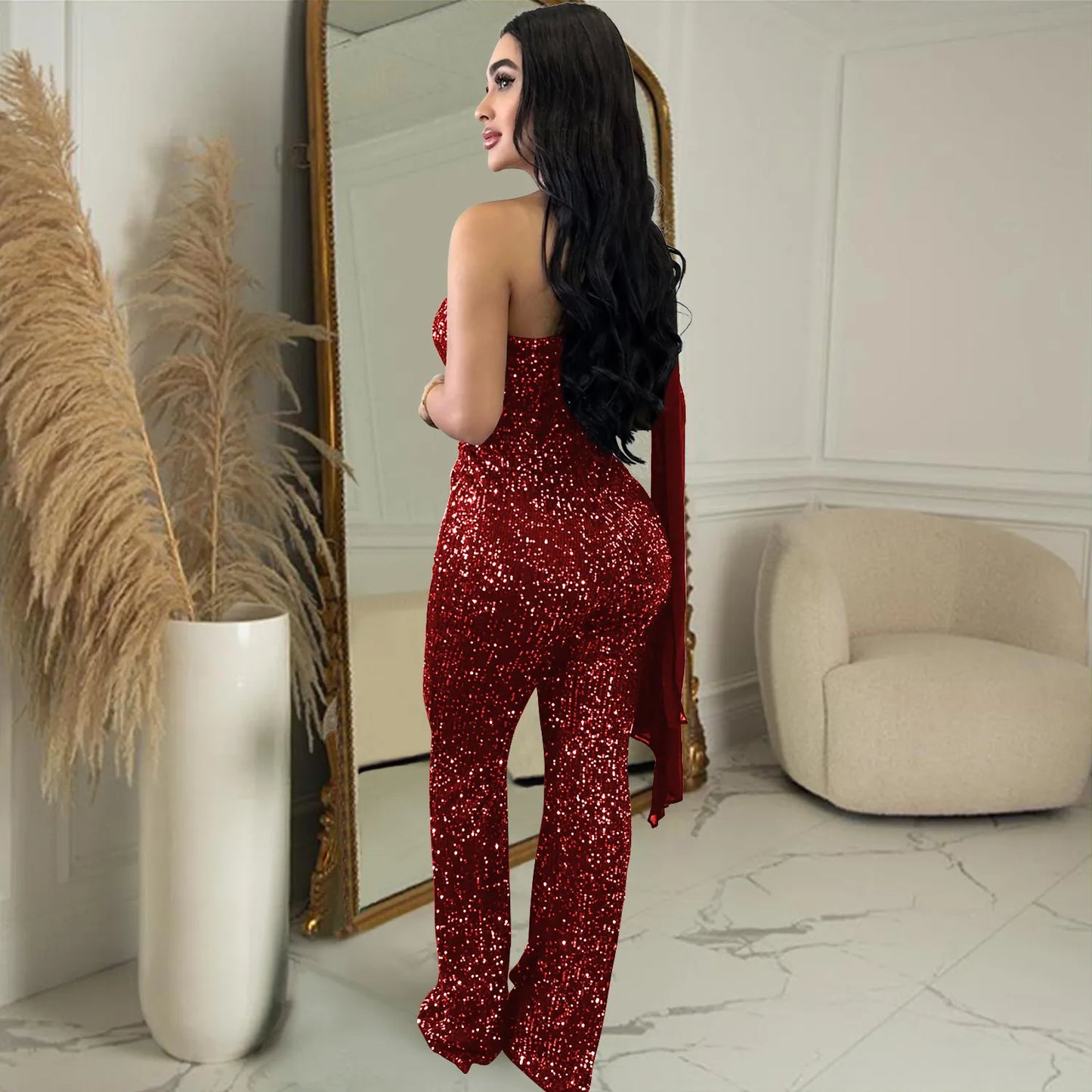 Women's Solid Color Sleeveless One-shoulder Sequined Trousers Jumpsuit