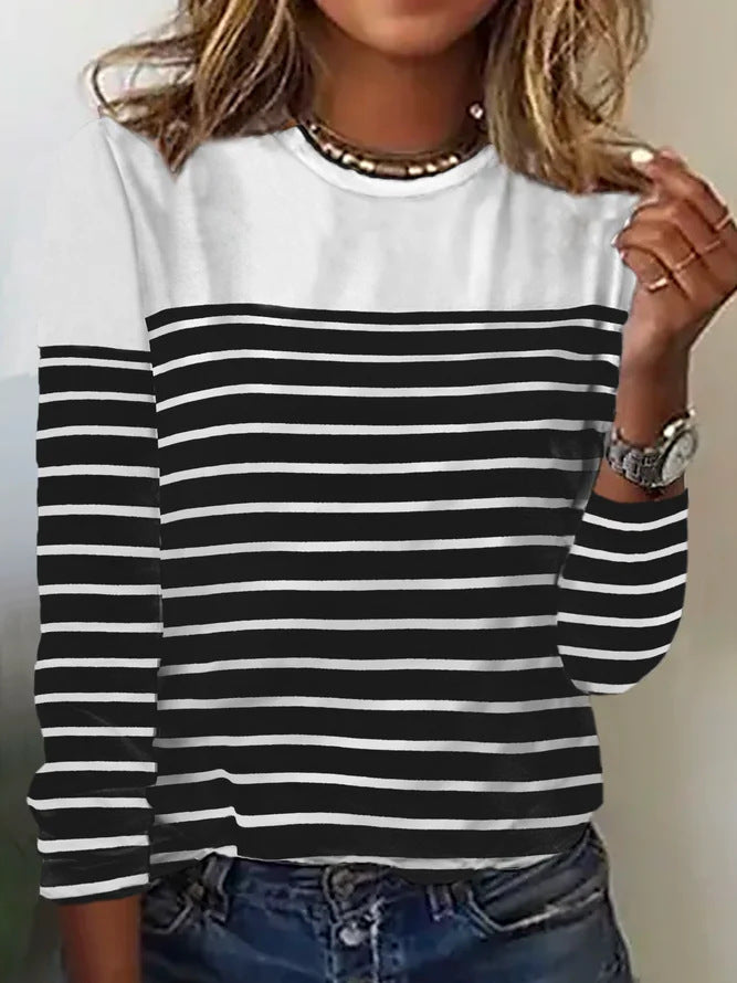 Long Sleeve Striped Two-tone Printed Patchwork Round Neck Top T-shirt