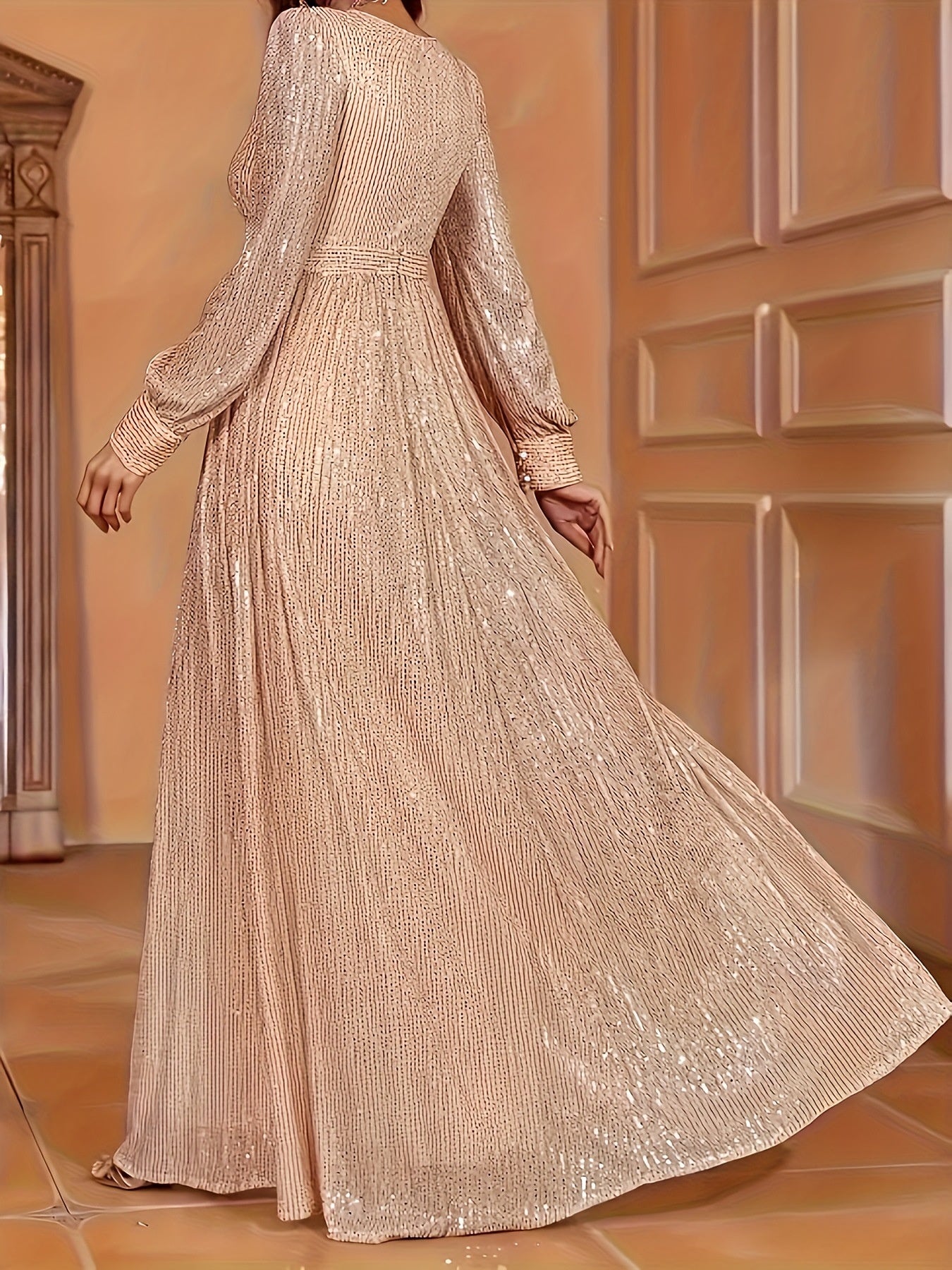 Elegant Dinner Sequined Long Sleeve V-neck High Waist Evening Dress