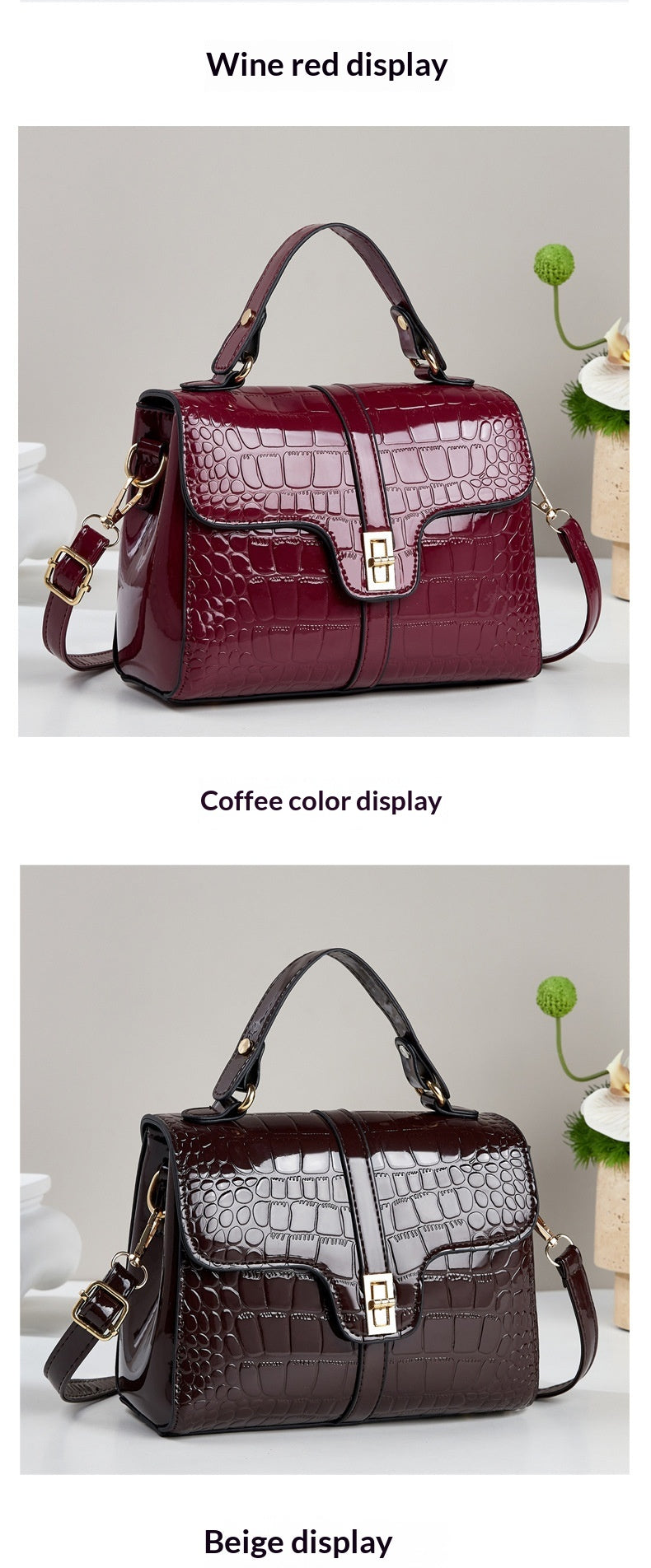 Sleek Stone-patterned Patent Leather Crossbody Bag