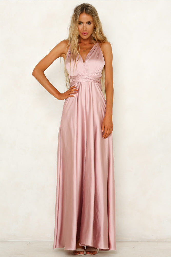 Deep V-neck Sleeveless Lace-up Sexy Backless High Waist Large Swing Satin Dress
