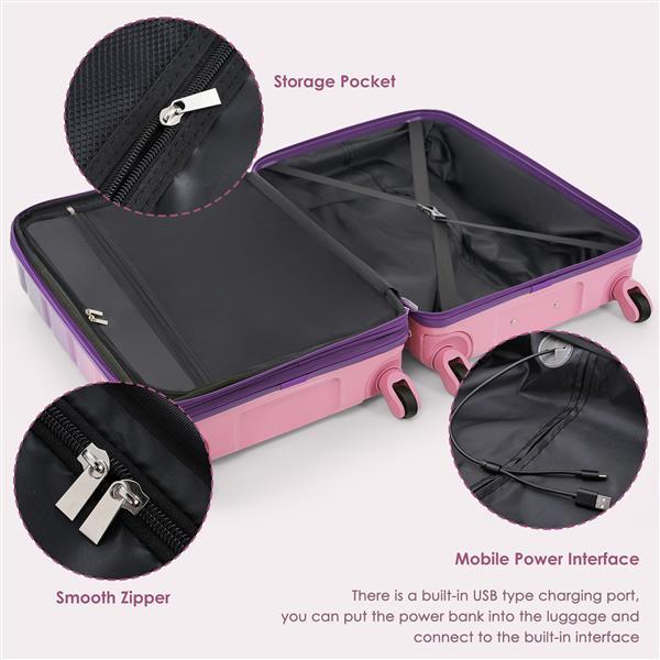 Luggage Set Of 3, 20-inch With USB Port, Airline Certified Carry-on Luggage With Cup Holder, ABS,PC Hard Shell Luggage With Spinner Wheels, Purple And Pink- FREE USA SHIPPING