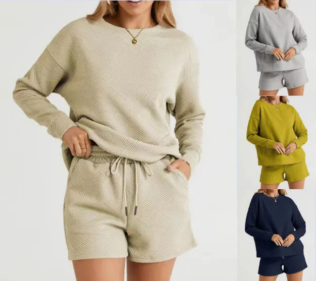 Solid Color Texture Casual Suit Women's Shorts Top