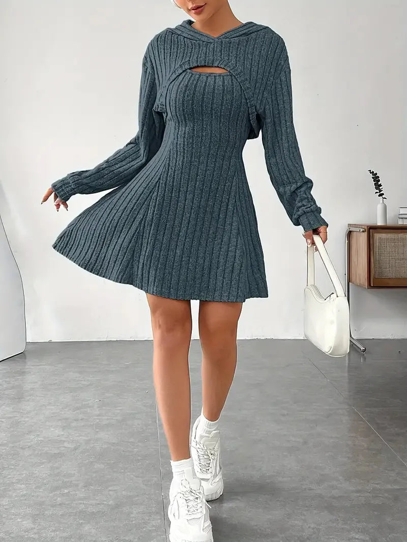 Women's Two-piece Set Dresses New Fashion Fall Winter Hooded Shawl Long-sleeved Vest Short Skirt