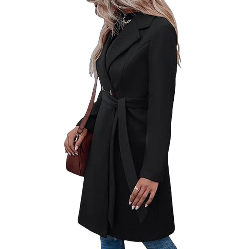 Long Woolen Women's Waist-controlled Lace-up Double Breasted Coat