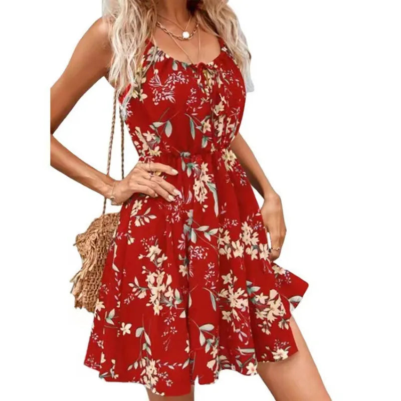 Elegant Sleeveless Dress With Printed Elastic Waist And Suspenders For Women