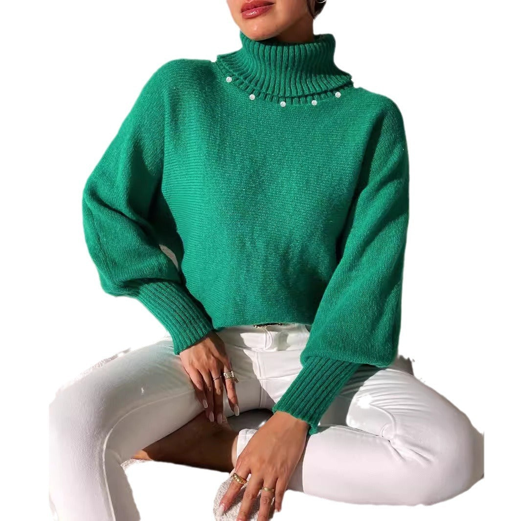 Women's Solid Color Simple Top Pearl Beaded Turtleneck Sweater Women's Base Shirt