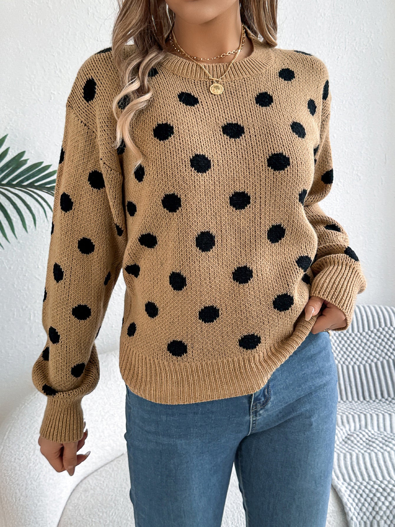 Autumn And Winter Leisure Contrast Color Polka Dot Long Sleeve Pullover