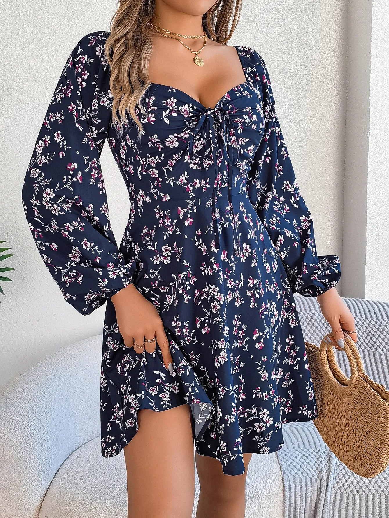 Fashion Floral Print Lantern Sleeve Dress Casual Sexy Tie Square Neck Long Sleeve A-Line Dress Women's Clothing