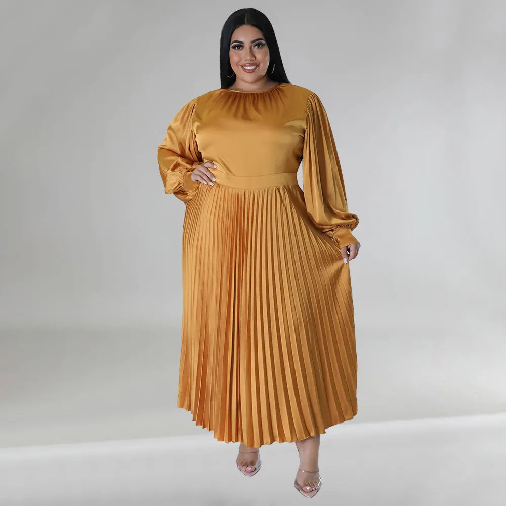 Pleated Round-neck Long Dress Women