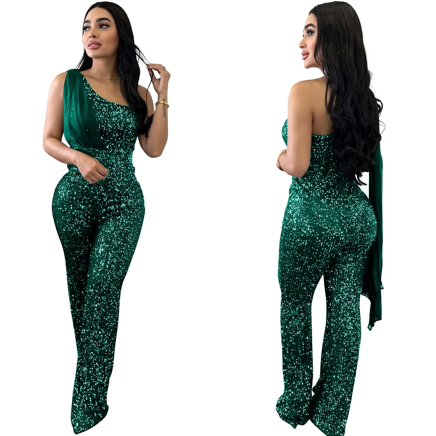 Women's Solid Color Sleeveless One-shoulder Sequined Trousers Jumpsuit