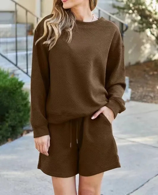 Solid Color Texture Casual Suit Women's Shorts Top