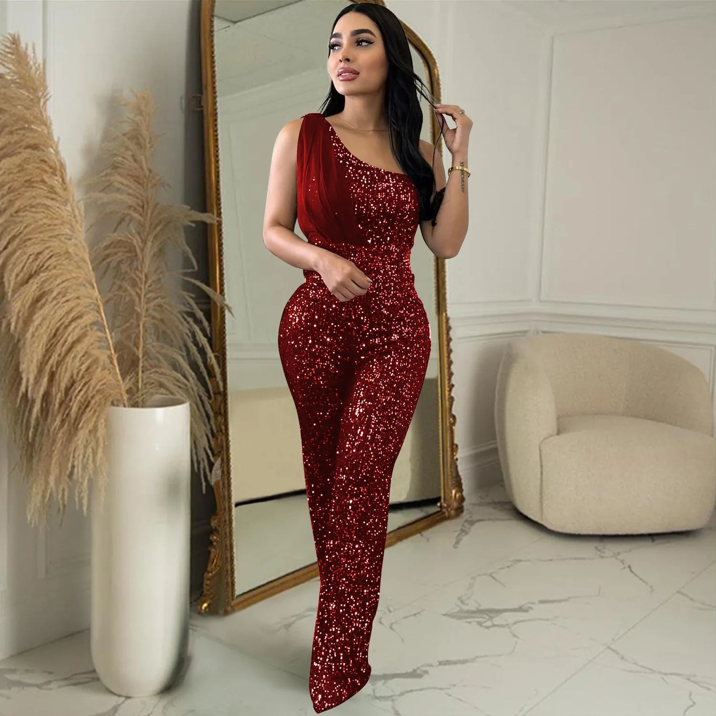 Women's Solid Color Sleeveless One-shoulder Sequined Trousers Jumpsuit