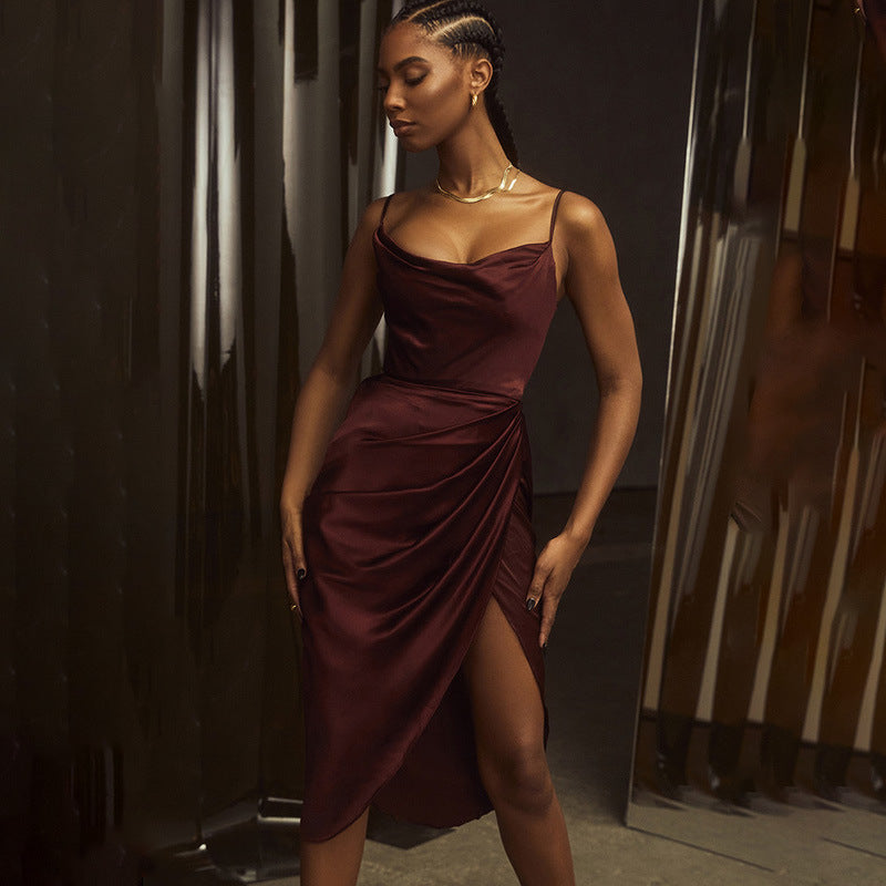 Sexy Slit Satin European And American Slim Sleeveless Split Skirt Dress