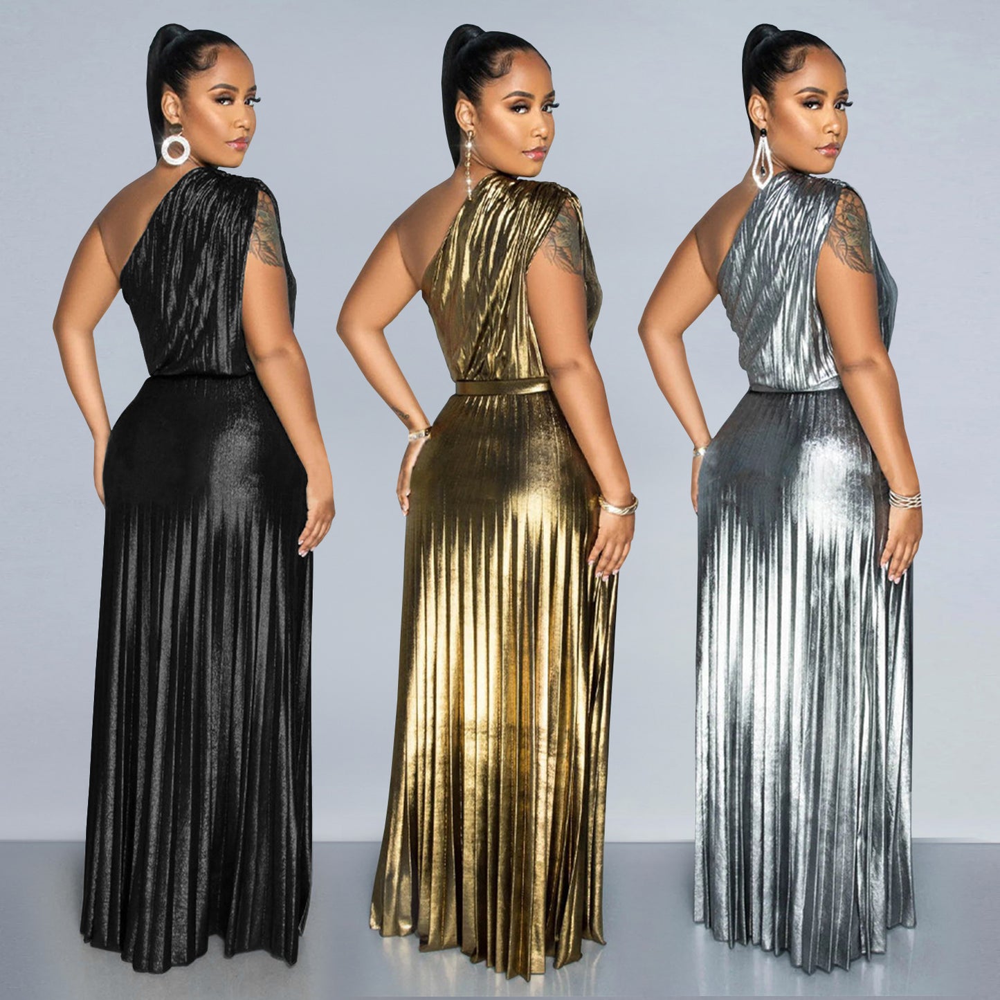 European And American Fashion Elegant Bronzing Oblique Shoulder Sleeveless Solid Color Dress