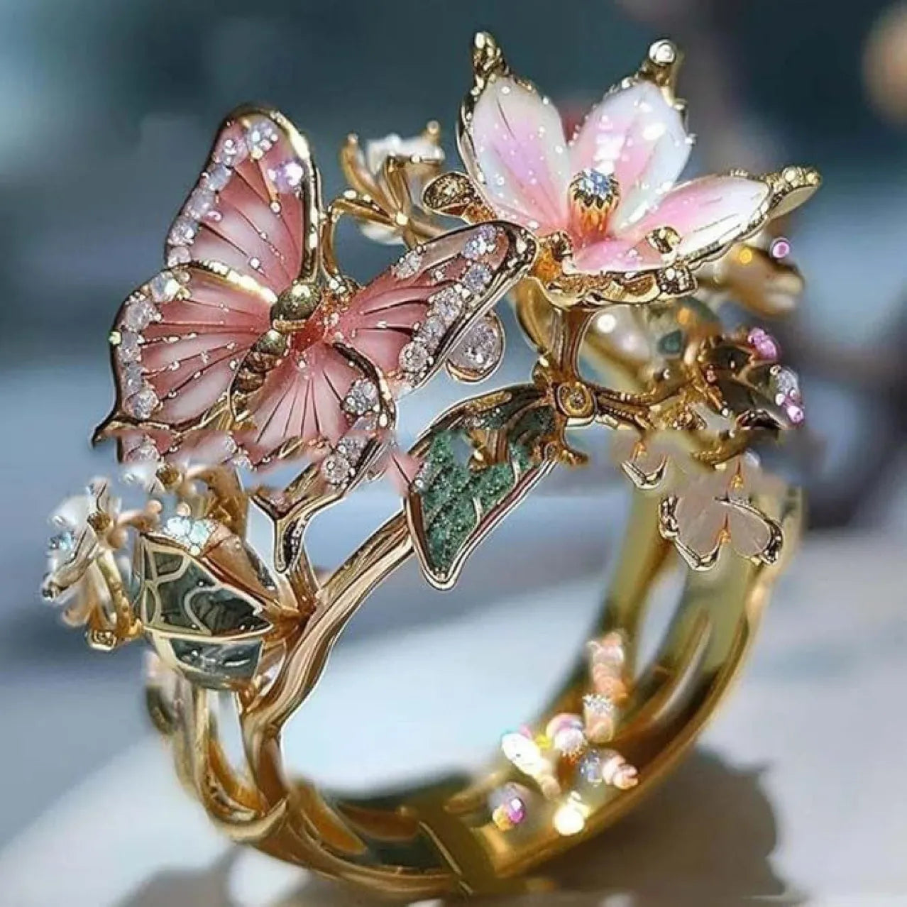 Flower Butterfly Ring With Rhinestones And Oil Dropping Design Fashion Personalized Jewelry For Women