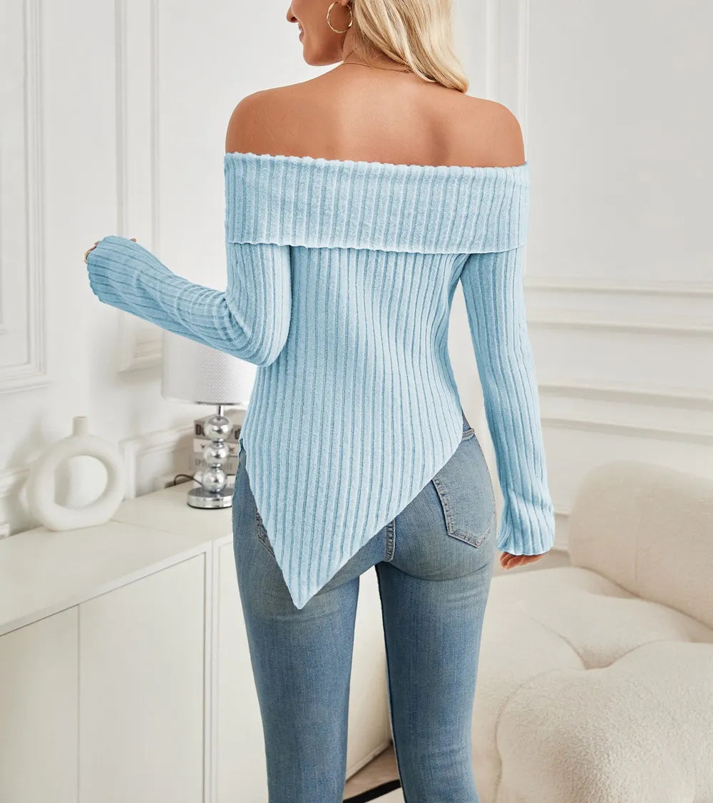 Women's Trendy Knit Ribbed Tops Bow Tie One Shoulder Long Sleeve Sweater Slim Cute Split Shirts Dressy Tops