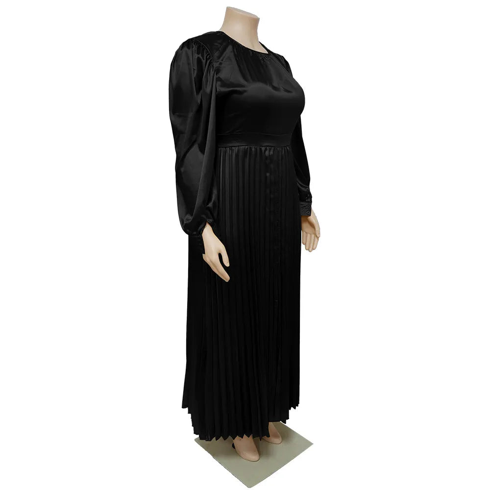 Pleated Round-neck Long Dress Women