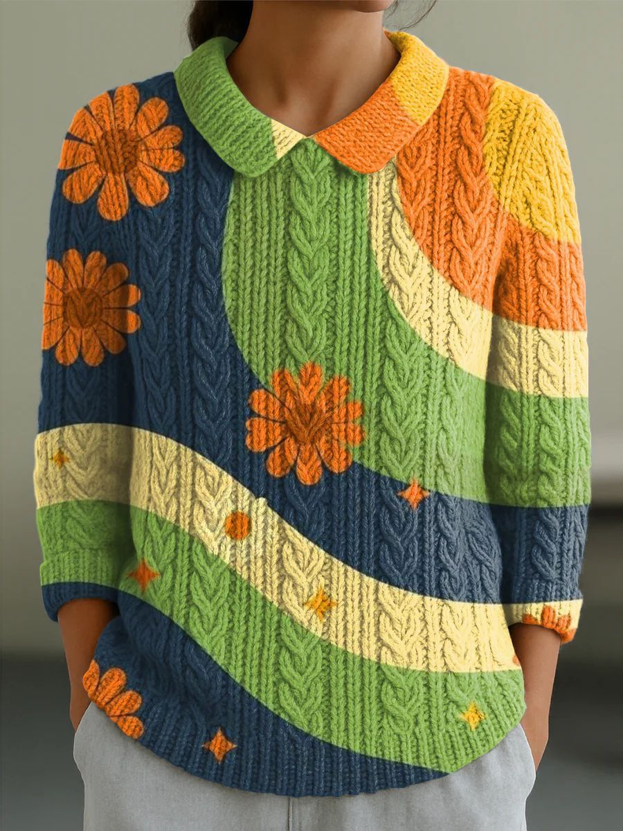 Autumn And Winter New Women's Doll Collar Knitted Jacquard Fabric French Retro Printed Top