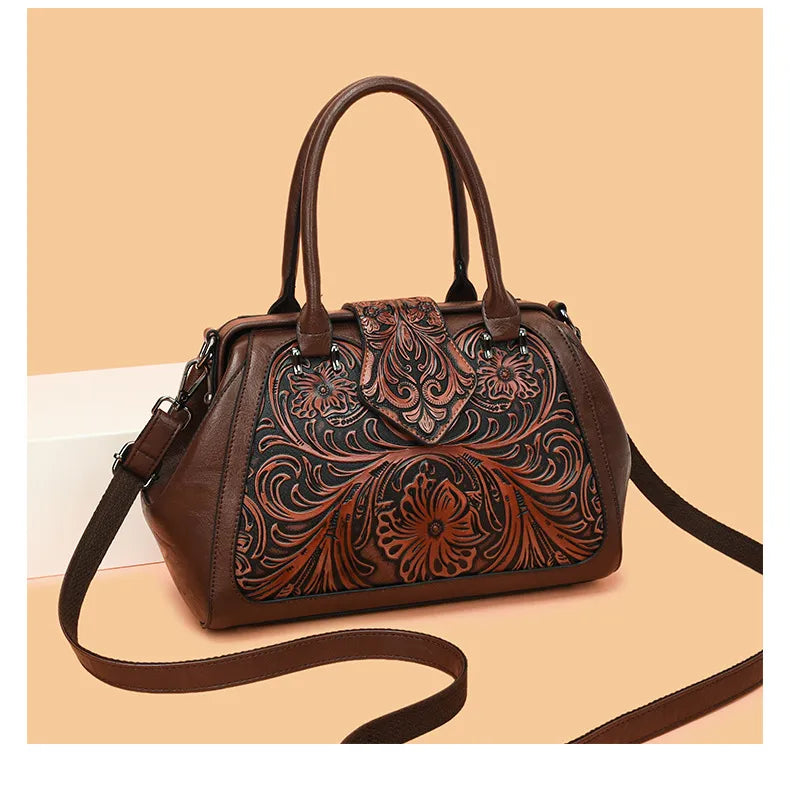 Handmade Carved One-shoulder Women's Leather Bag