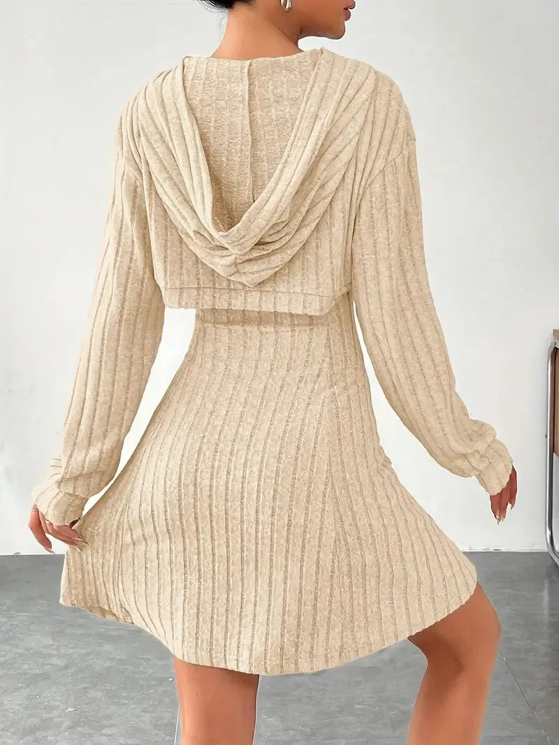 Women's Two-piece Set Dresses New Fashion Fall Winter Hooded Shawl Long-sleeved Vest Short Skirt