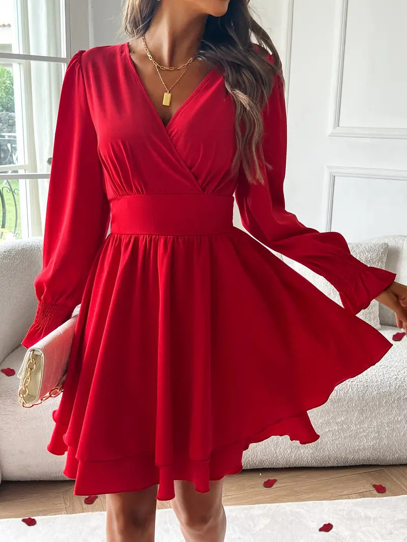 Women's Double-layer Skirt V-neck Tight Waist Dress