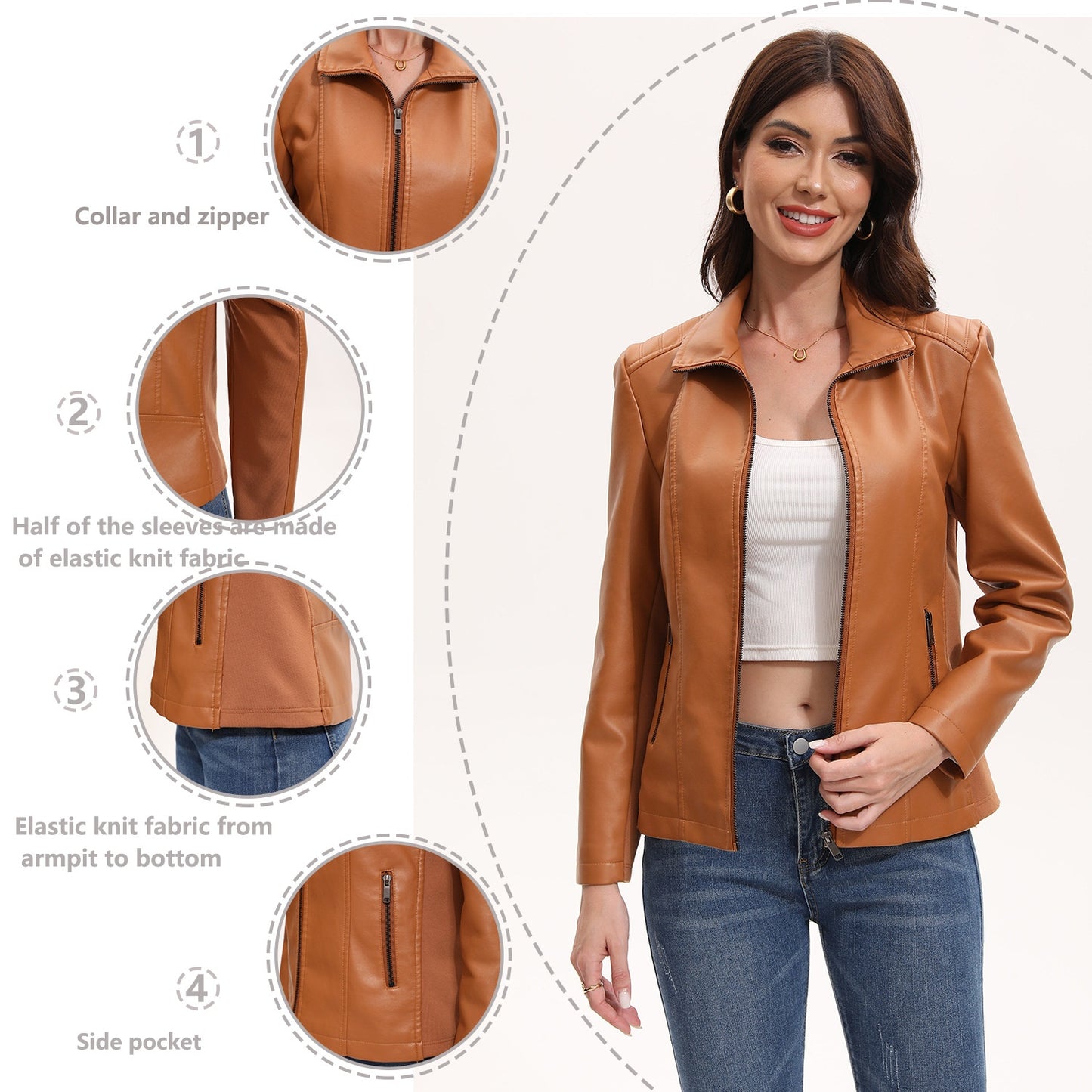 Women's Leather Jacket Knitted Stitching Stretch Coat