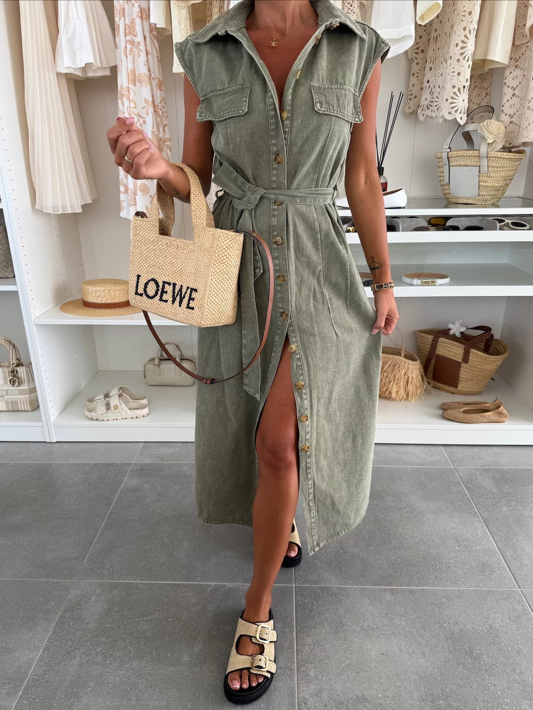 Women's Casual Sleeveless Lace-up Long Dresses Fashion Pockets Solid Party Office Elegant Lapel Single Breasted Denim Dress Summer