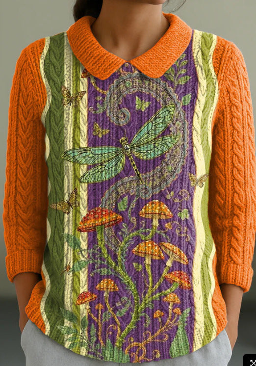 Autumn And Winter New Women's Doll Collar Knitted Jacquard Fabric French Retro Printed Top