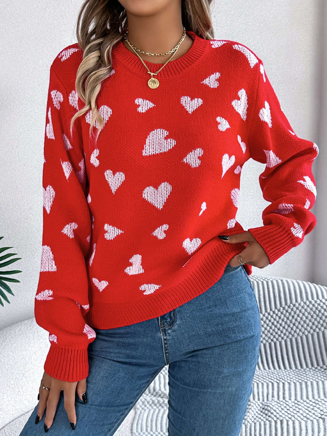 Heart Pattern Round Neck Long Sleeve Sweater