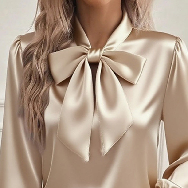 Women's Solid Color Satin Long Sleeve Casual Shirt With Bow Decor Blouse Spring Fall Daily Wear Top