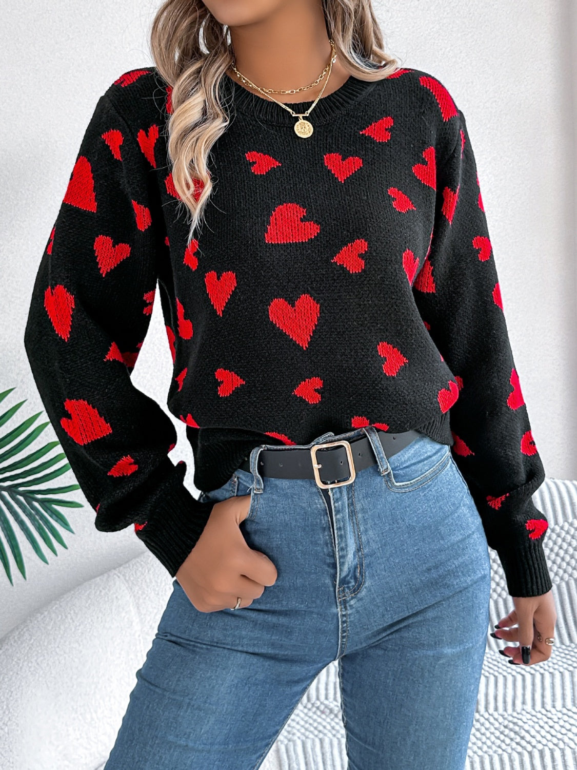 Heart Pattern Round Neck Long Sleeve Sweater