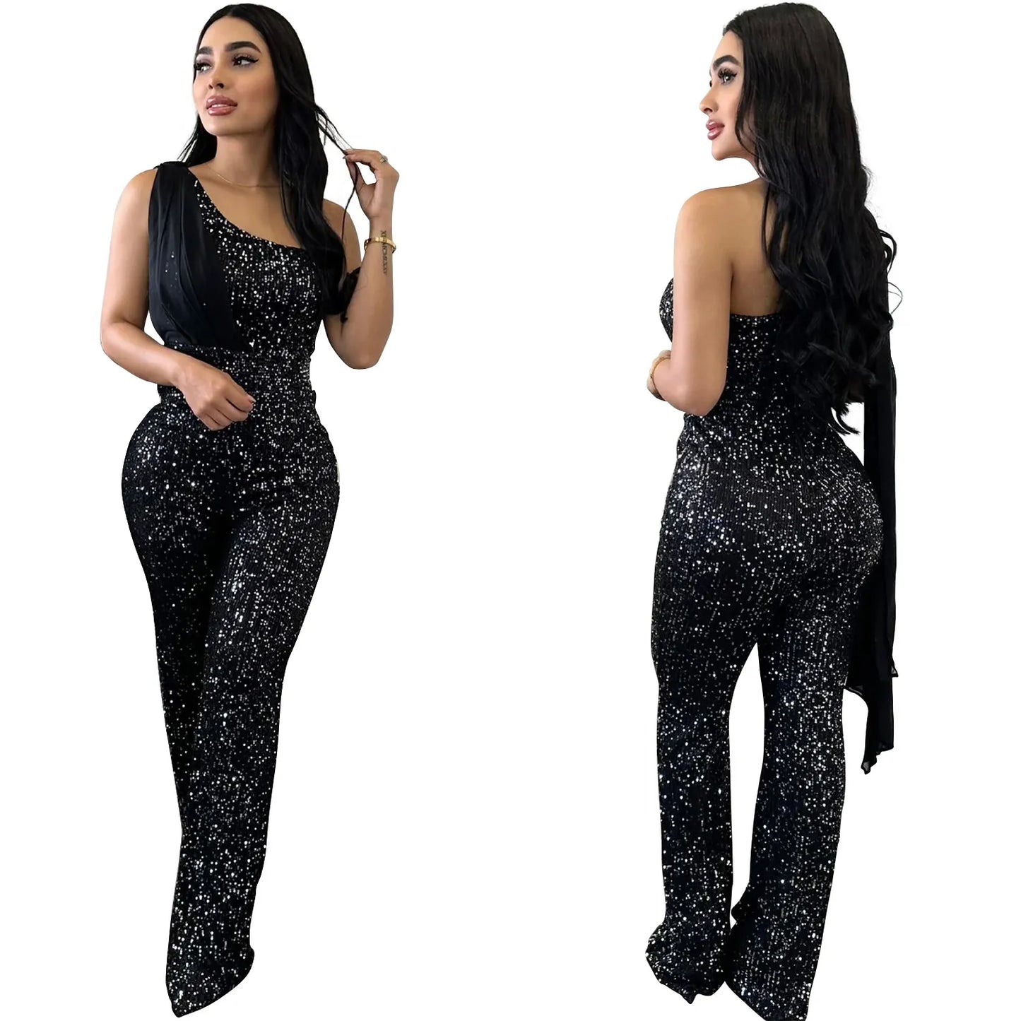 Women's Solid Color Sleeveless One-shoulder Sequined Trousers Jumpsuit