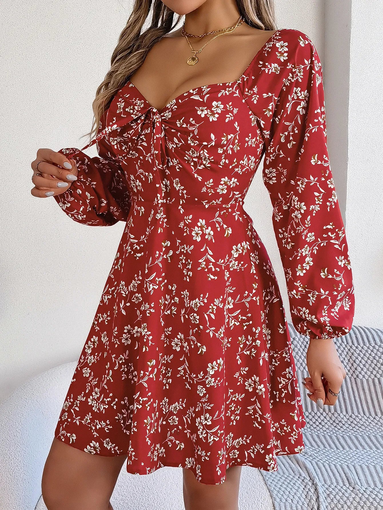 Fashion Floral Print Lantern Sleeve Dress Casual Sexy Tie Square Neck Long Sleeve A-Line Dress Women's Clothing