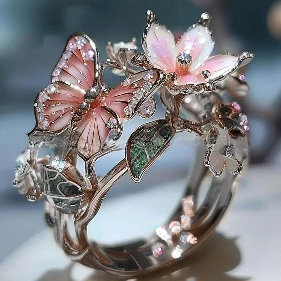 Flower Butterfly Ring With Rhinestones And Oil Dropping Design Fashion Personalized Jewelry For Women