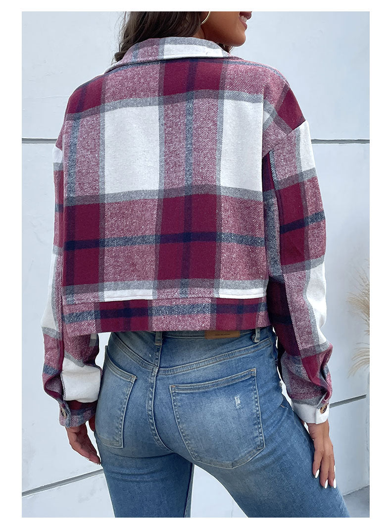 Plaid Lapel Cropped Jacket With Pockets Fashion Button Long Sleeve Short Outwear Tops Coat For Womens Clothing