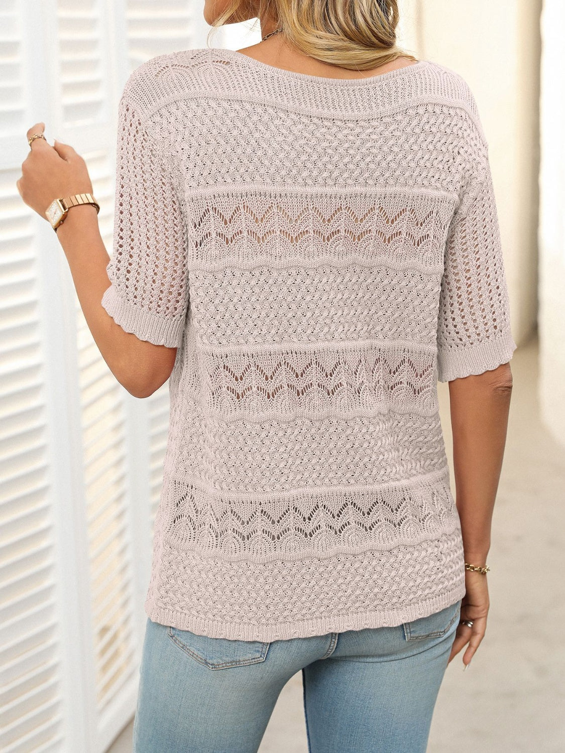 Mandy Openwork Round Neck Half Sleeve Knit Top